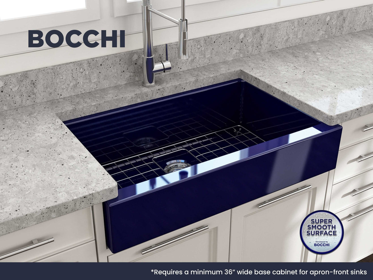 BOCCHI NUOVA 34" Single Bowl Kitchen Sink with Protective Bottom Grid and Strainer in a modern kitchen setup.