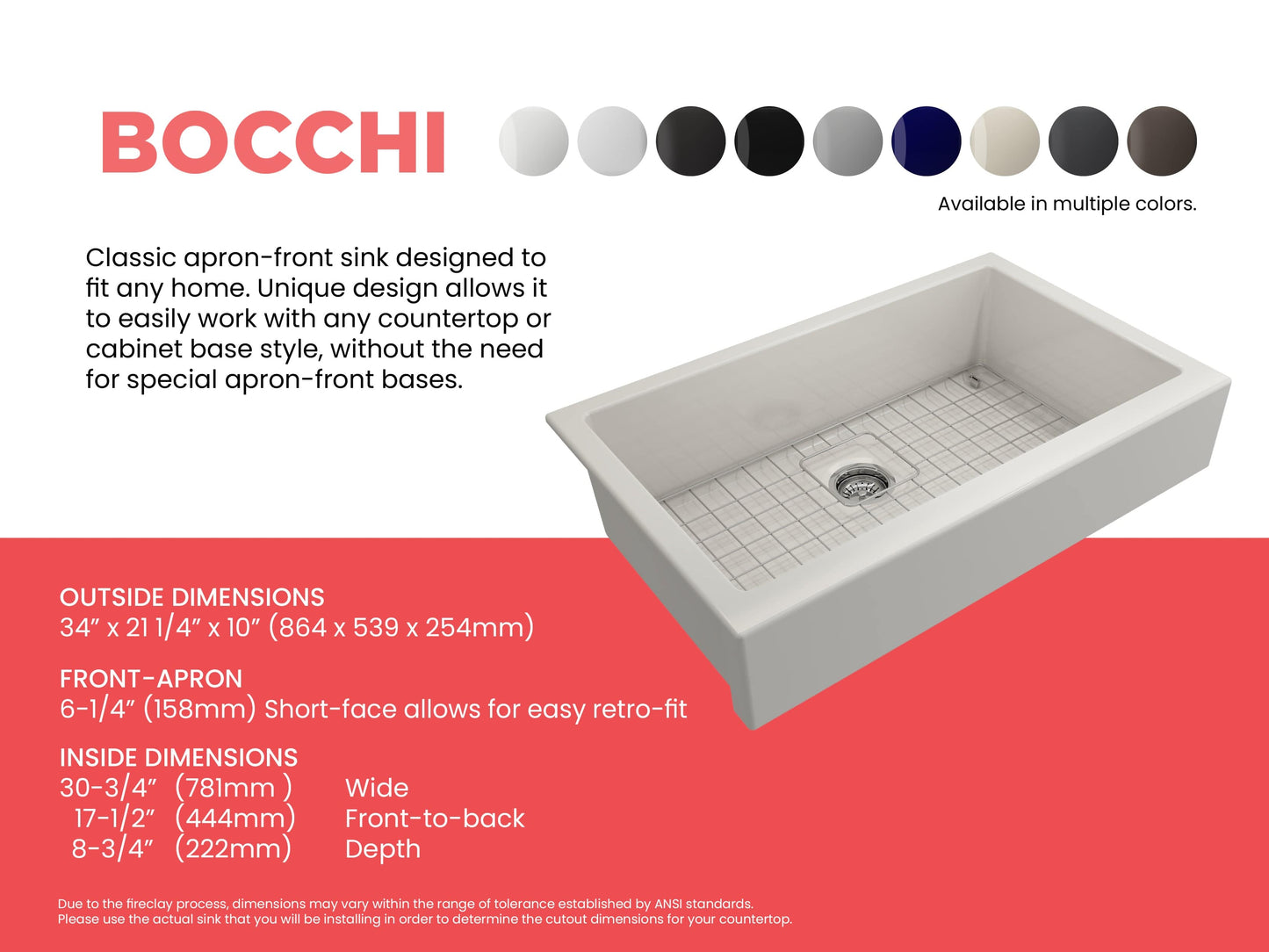 BOCCHI NUOVA 34" Single Bowl Kitchen Sink with Protective Bottom Grid and Strainer dimensions and details