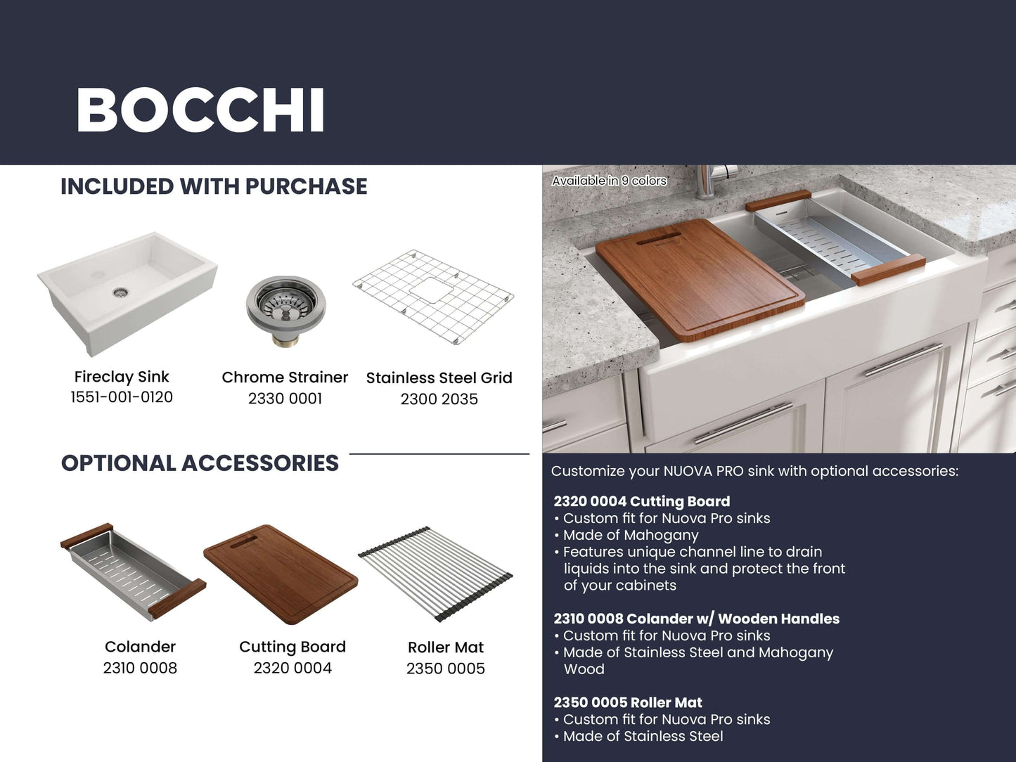 BOCCHI NUOVA 34" Single Bowl Kitchen Sink with Protective Bottom Grid and Strainer and accessories overview.