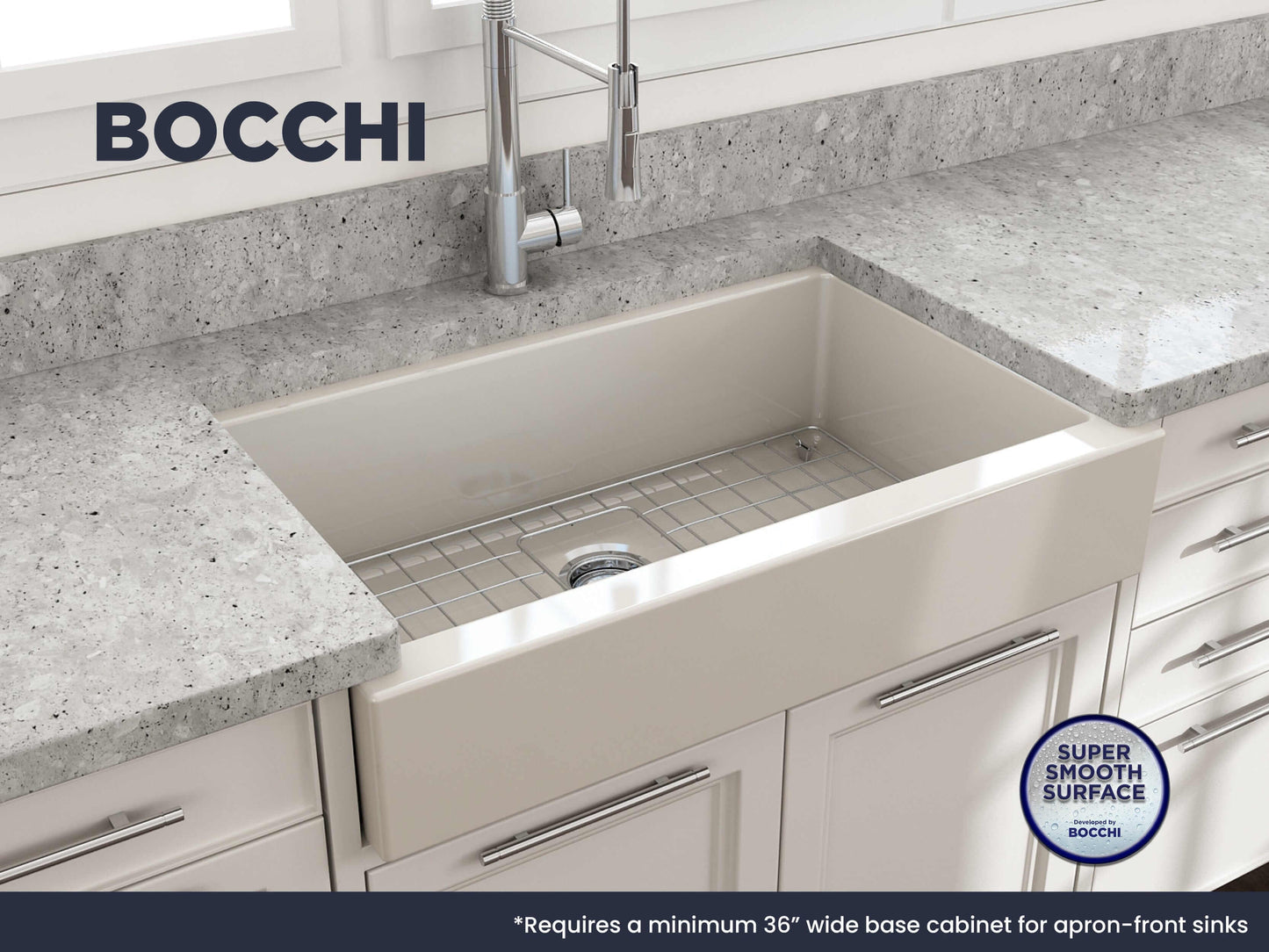 BOCCHI NUOVA 34" Single Bowl Kitchen Sink with Protective Bottom Grid and Strainer installed in a modern kitchen.