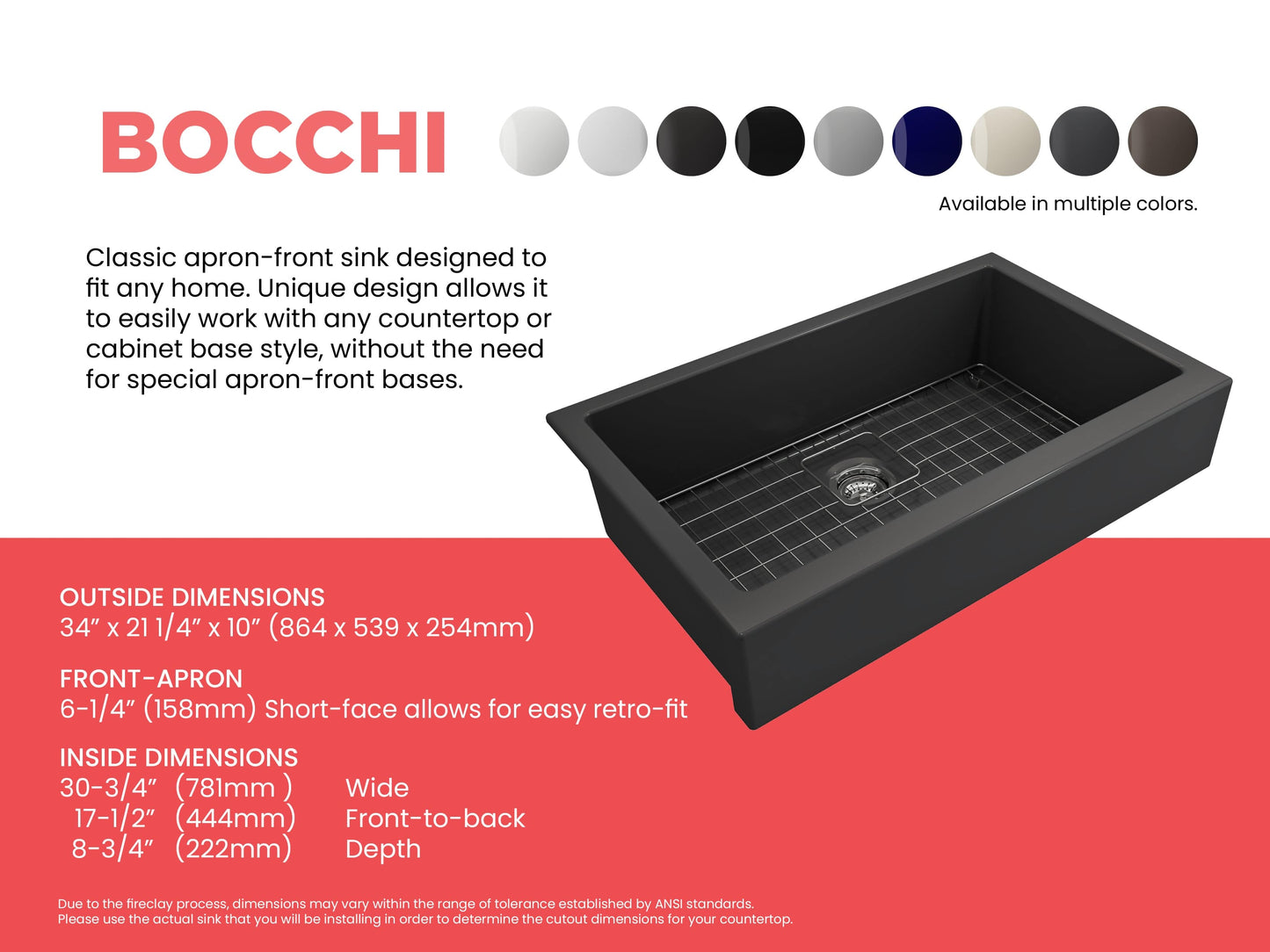 BOCCHI NUOVA 34" Single Bowl Kitchen Sink with Protective Bottom Grid and Strainer dimensions and features guide