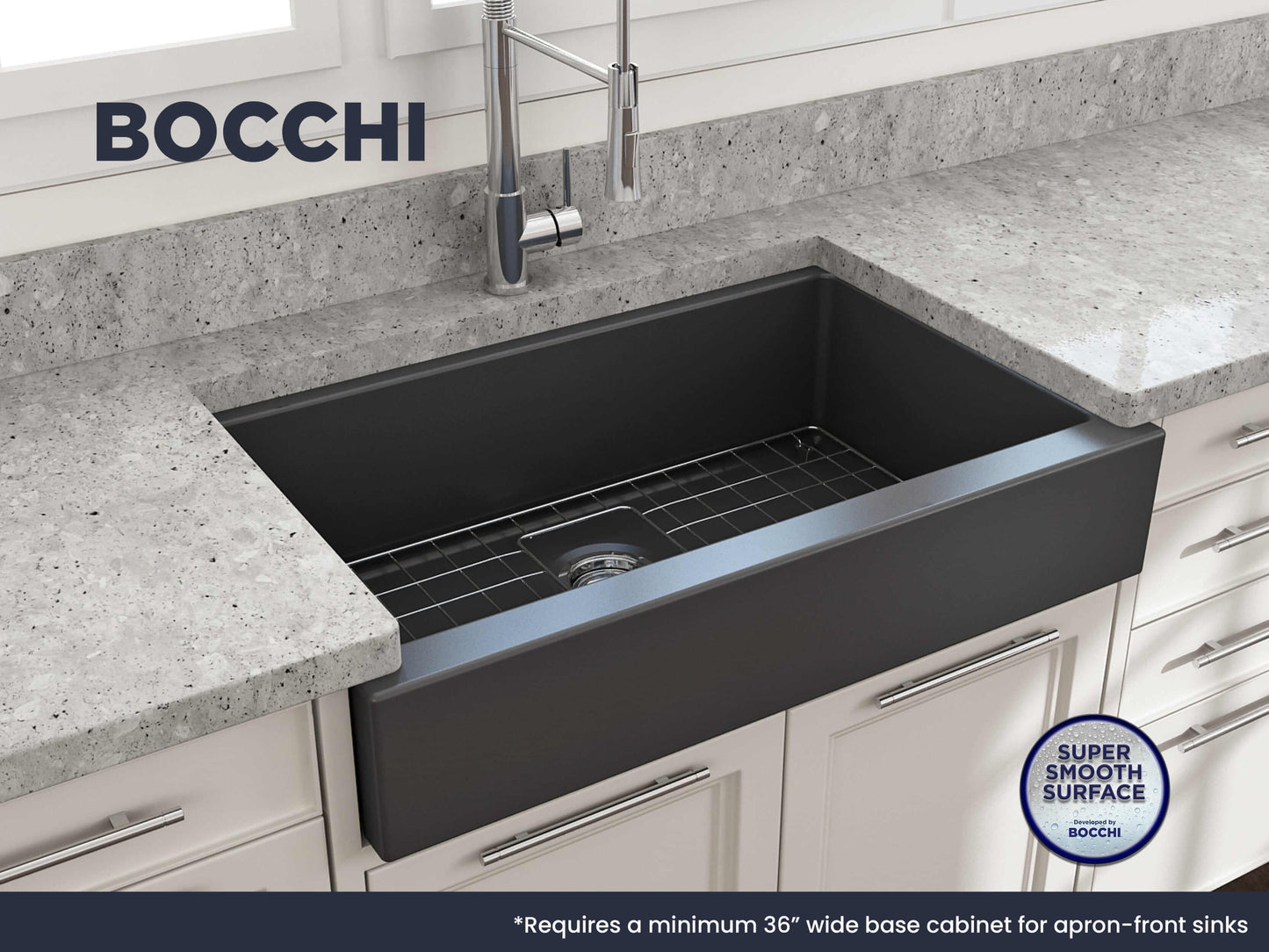 BOCCHI NUOVA 34" Single Bowl Kitchen Sink with Protective Bottom Grid and Strainer displayed in a modern kitchen.