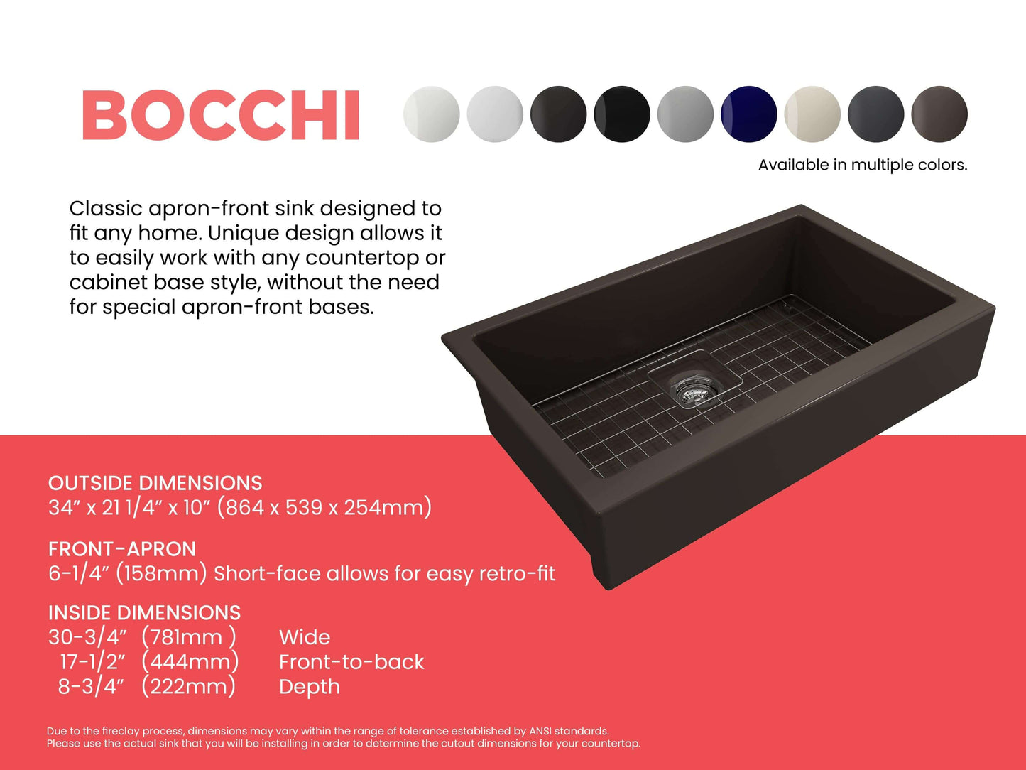 BOCCHI NUOVA 34" Single Bowl Kitchen Sink with Protective Bottom Grid and Strainer dimensions and features.