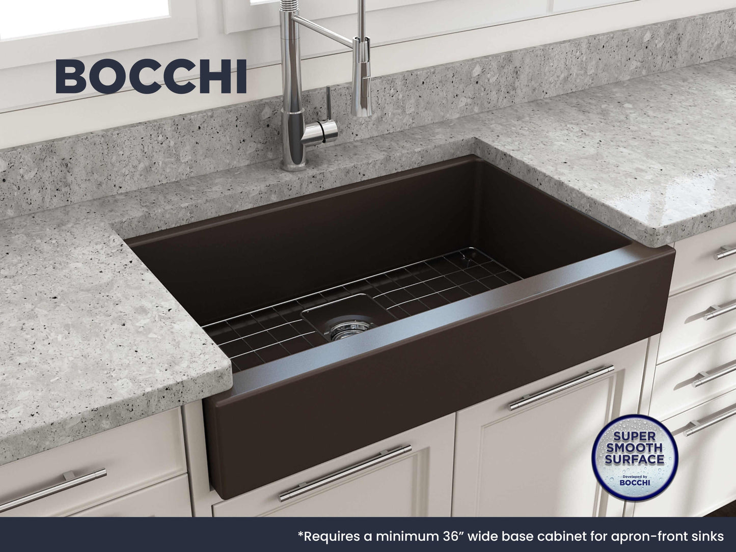 BOCCHI NUOVA 34" Single Bowl Kitchen Sink with Protective Bottom Grid and Strainer in a modern kitchen setting.