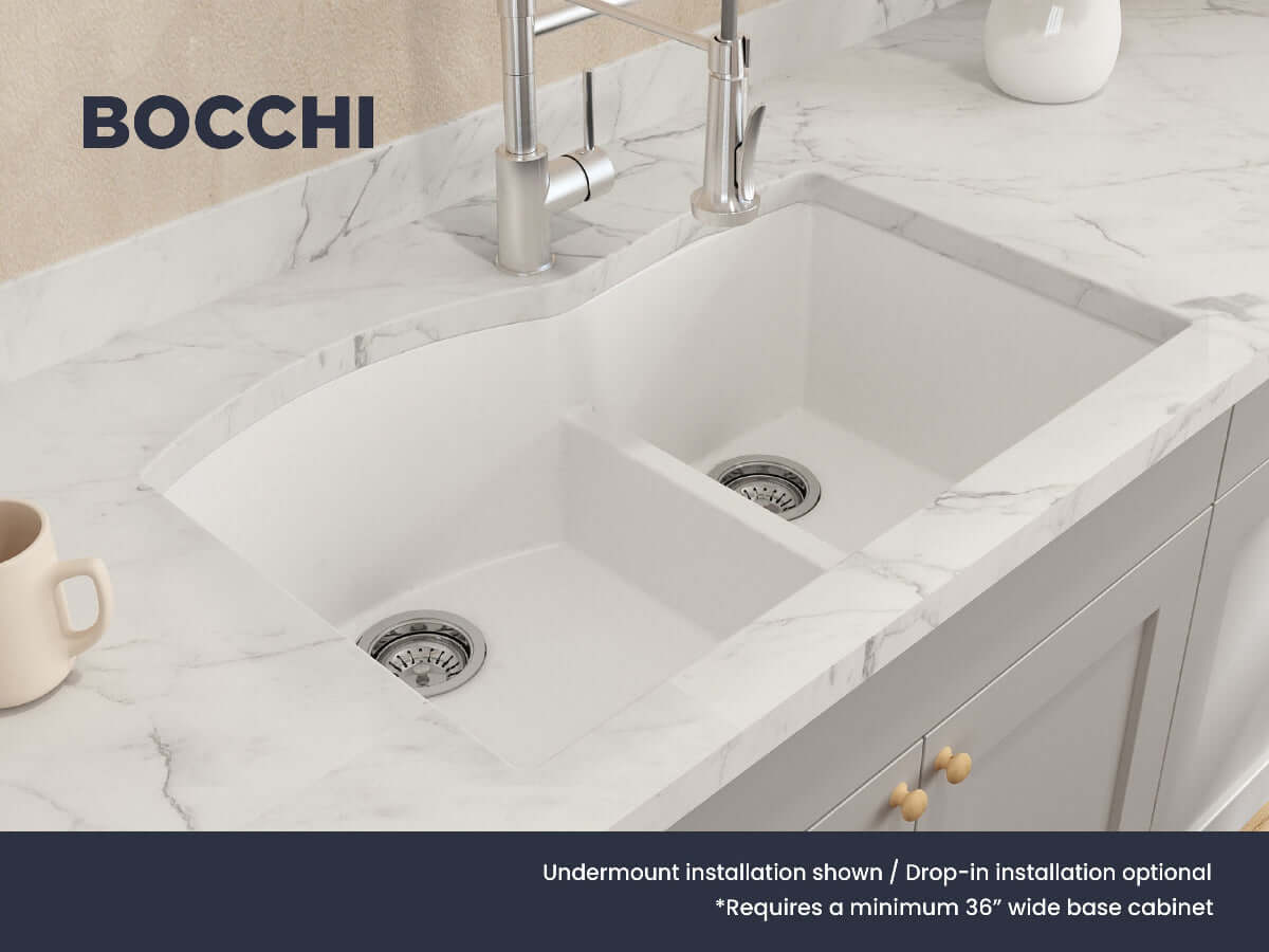 BOCCHI CAMPINO DUO 33" Dual Mount 60/40 Double Bowl Granite Kitchen Sink with Strainers, right top view installation.