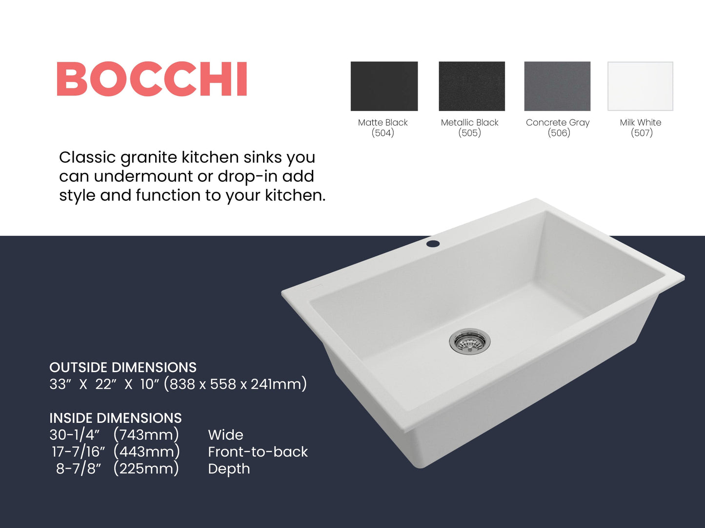 CAMPINO UNO 33" Single Bowl Dual Mount Granite Kitchen Sink with Strainer showcased with dimensions and granite color options.