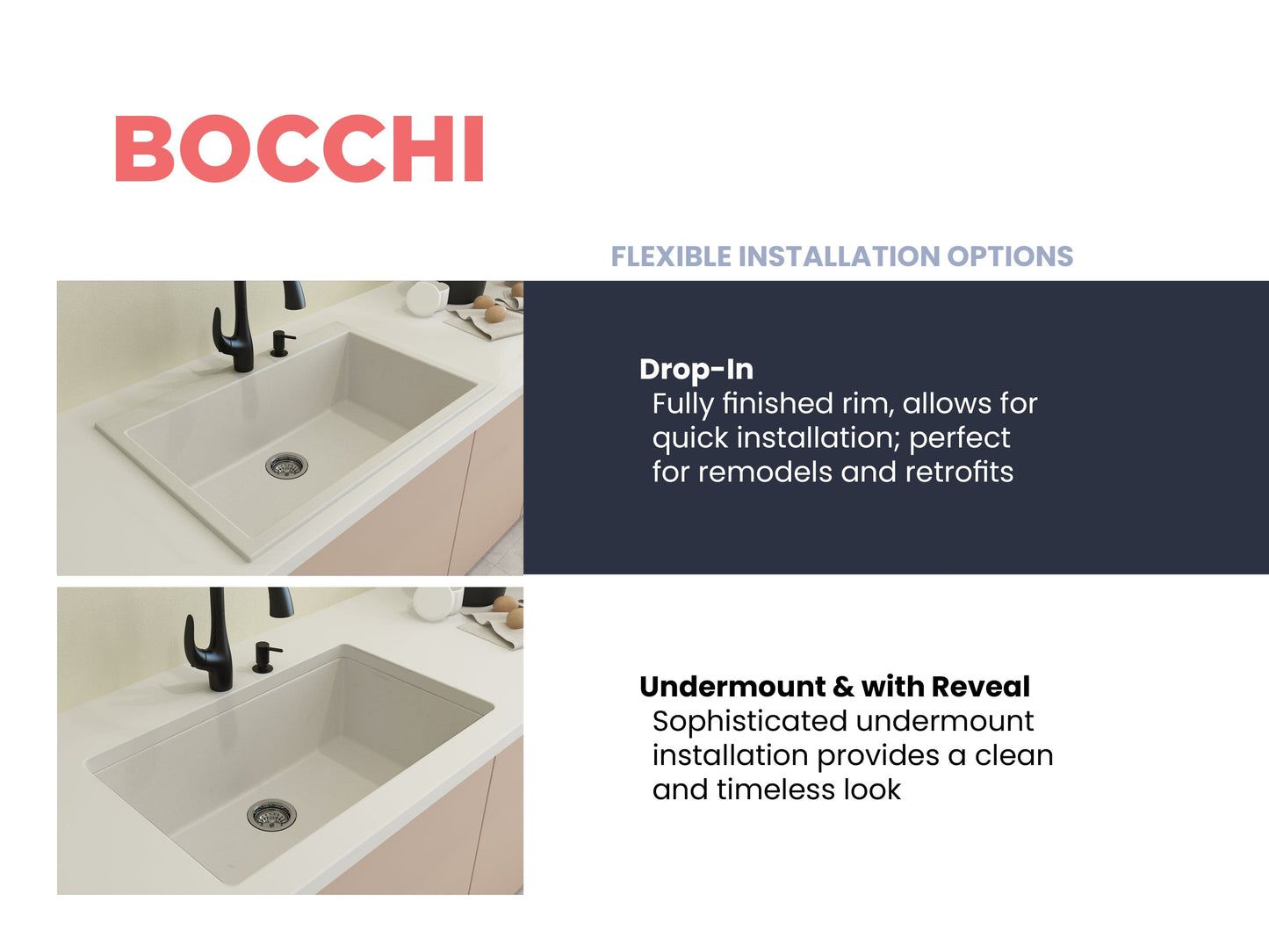 CAMPINO UNO 33" Single Bowl Dual Mount Granite Kitchen Sink with Strainer showcasing flexible installation options.