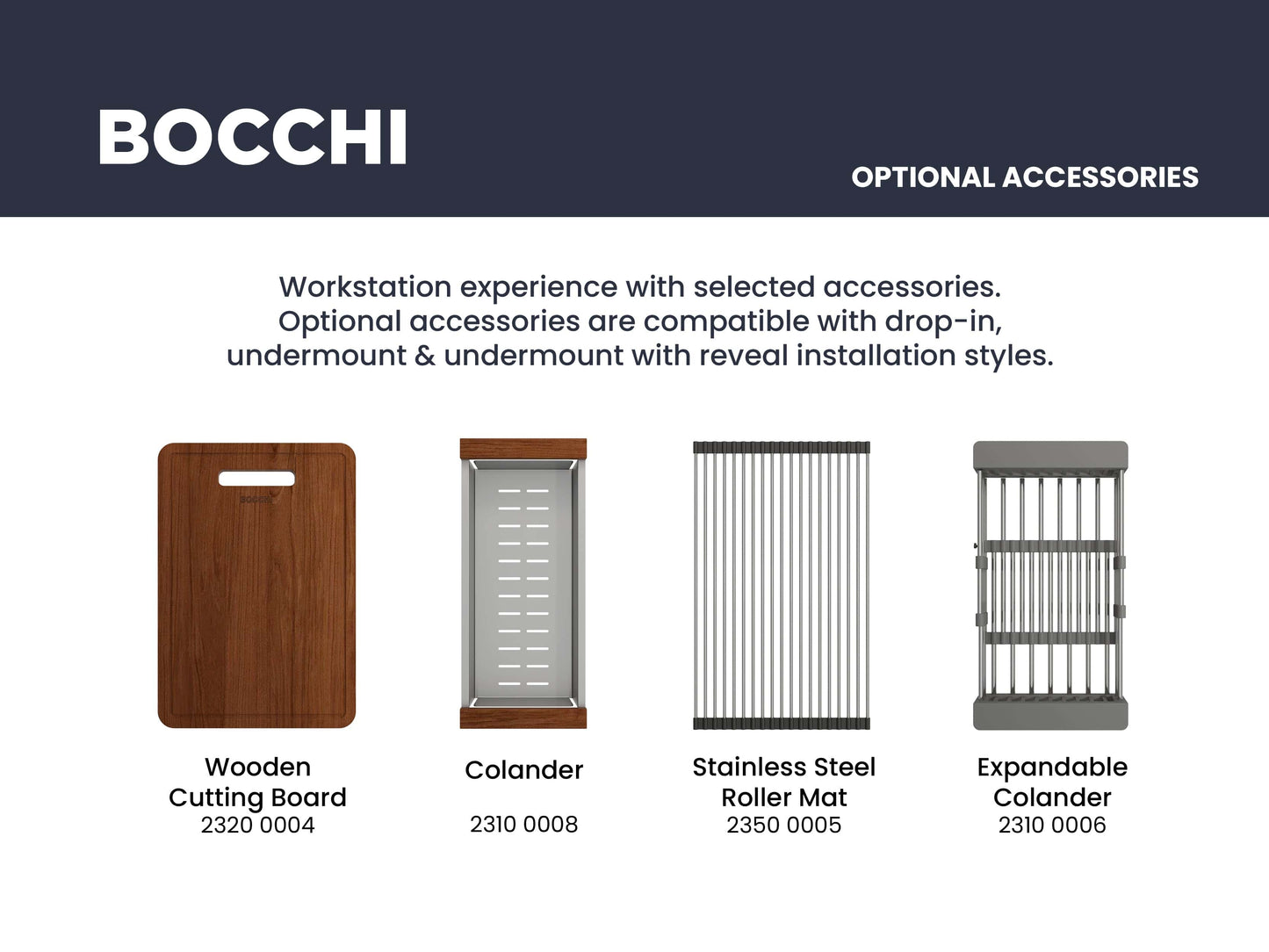 Image showcasing optional accessories for Bocchi kitchen sinks, including wooden cutting board, colander, roller mat, and expandable colander.