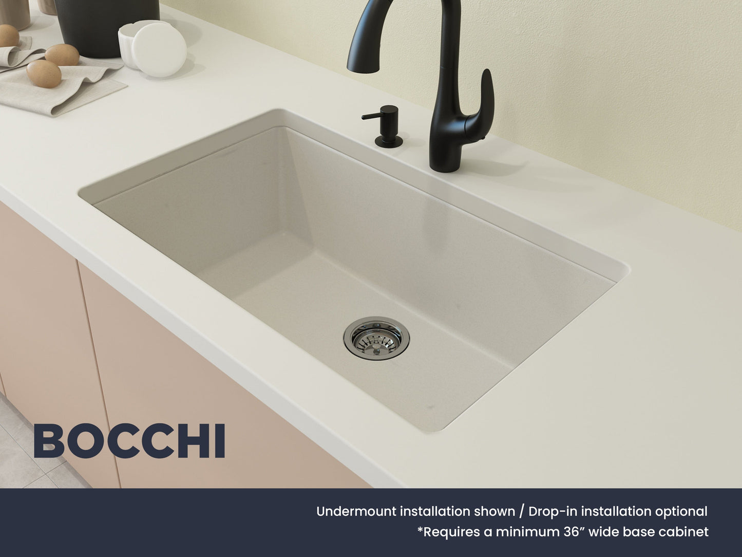 CAMPINO UNO 33" Single Bowl Dual Mount Granite Kitchen Sink with Strainer installed in a modern kitchen countertop.