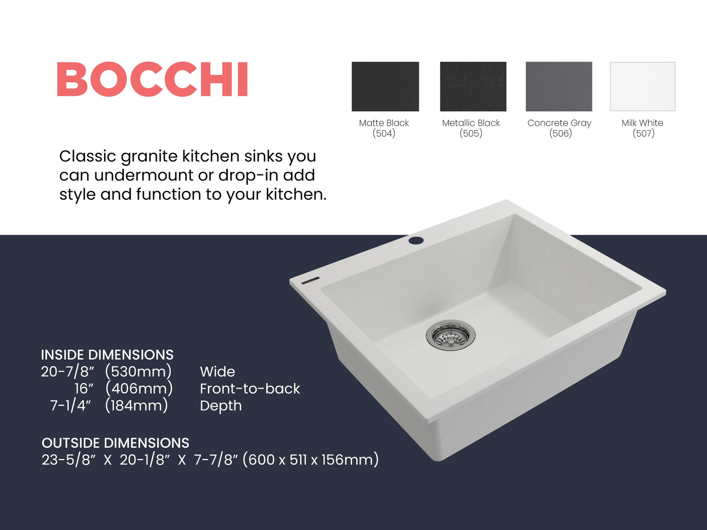 CAMPINO UNO 24" Single Bowl Dual Mount Granite Kitchen Sink with Strainer in Milk White, front-right view showcasing sleek design.