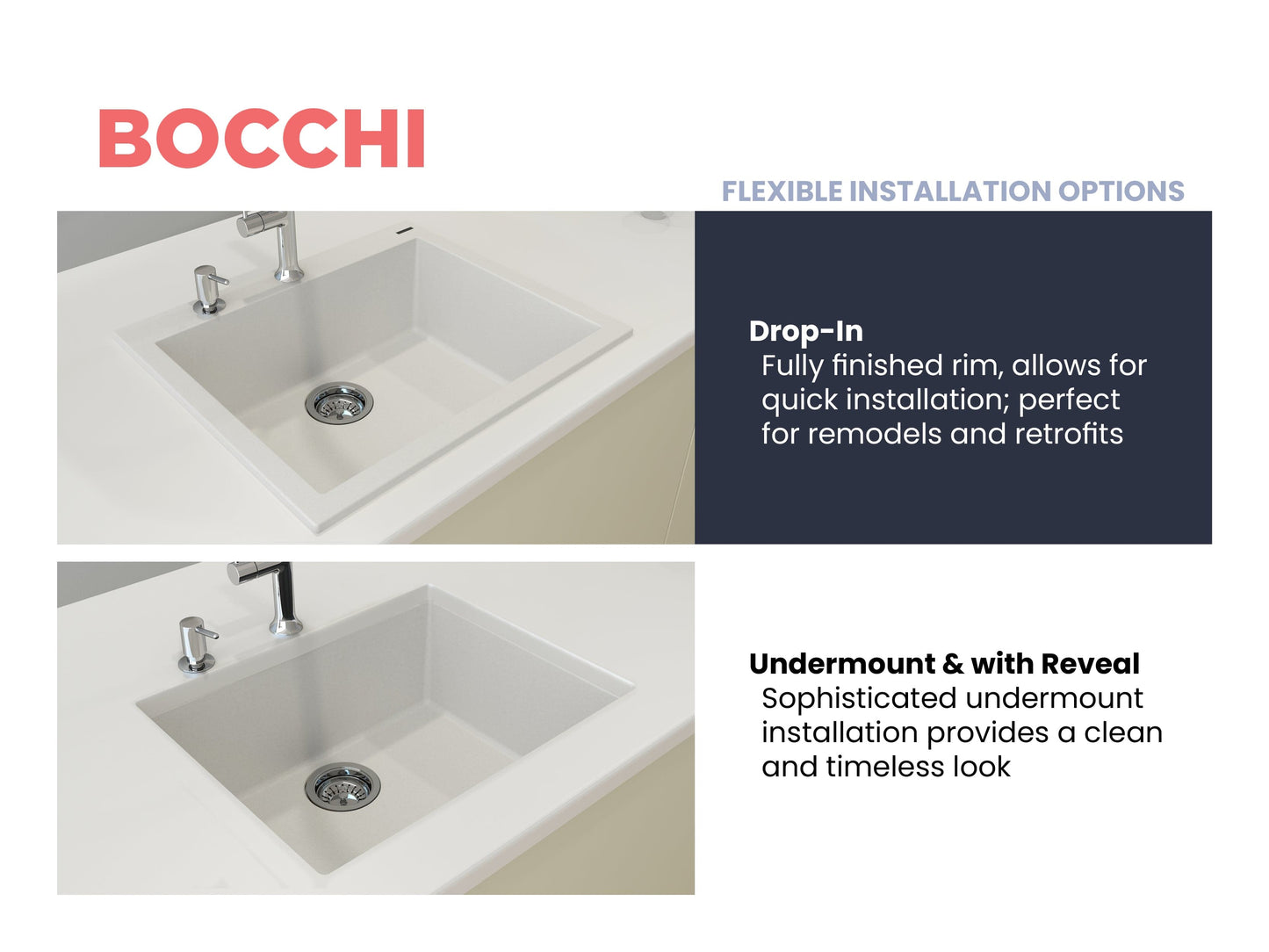 CAMPINO UNO 24" Single Bowl Dual Mount Granite Kitchen Sink with Strainer in white finish showcasing drop-in and undermount installation options.