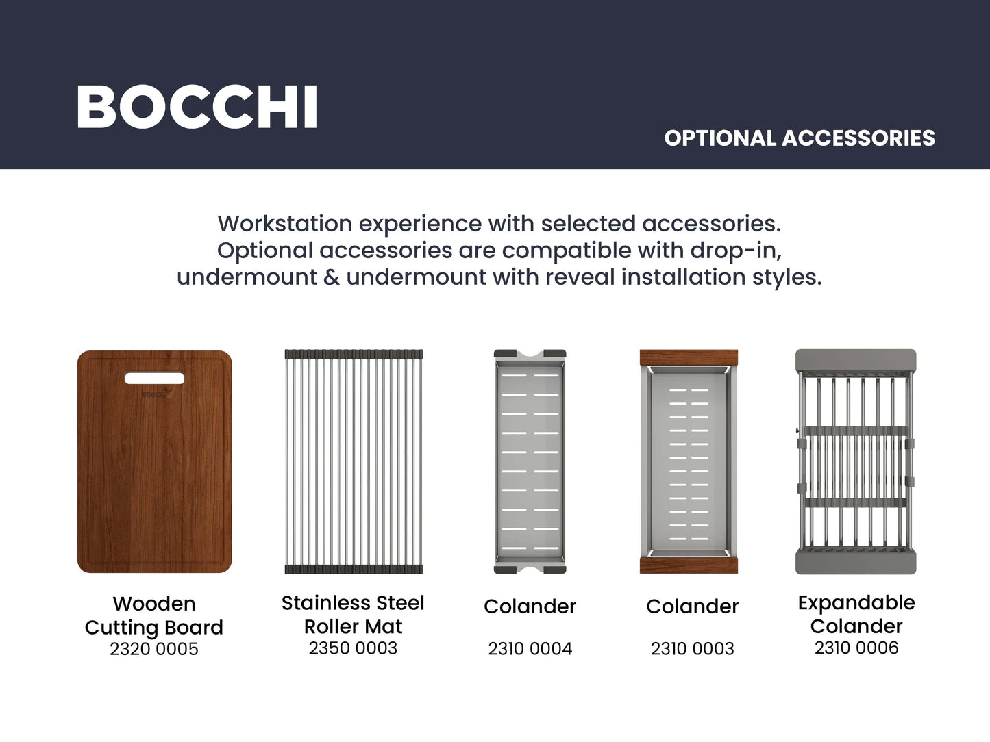 BOCCHI optional accessories including wooden cutting board, stainless steel roller mat, and colanders for CAMPINO UNO 24" kitchen sink.