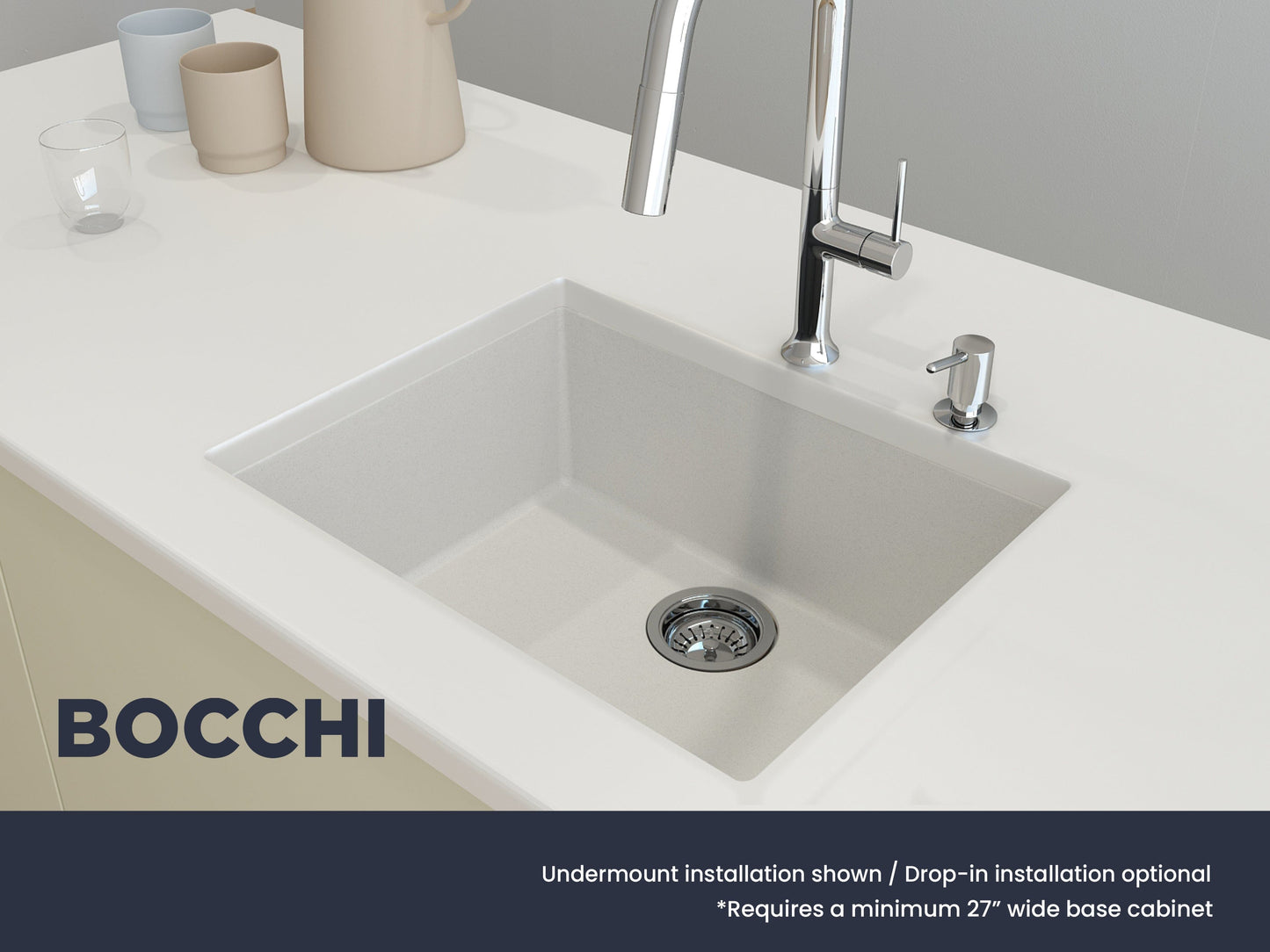 CAMPINO UNO 24" Single Bowl Dual Mount Granite Kitchen Sink with Strainer in light finish, under-mount installation view.