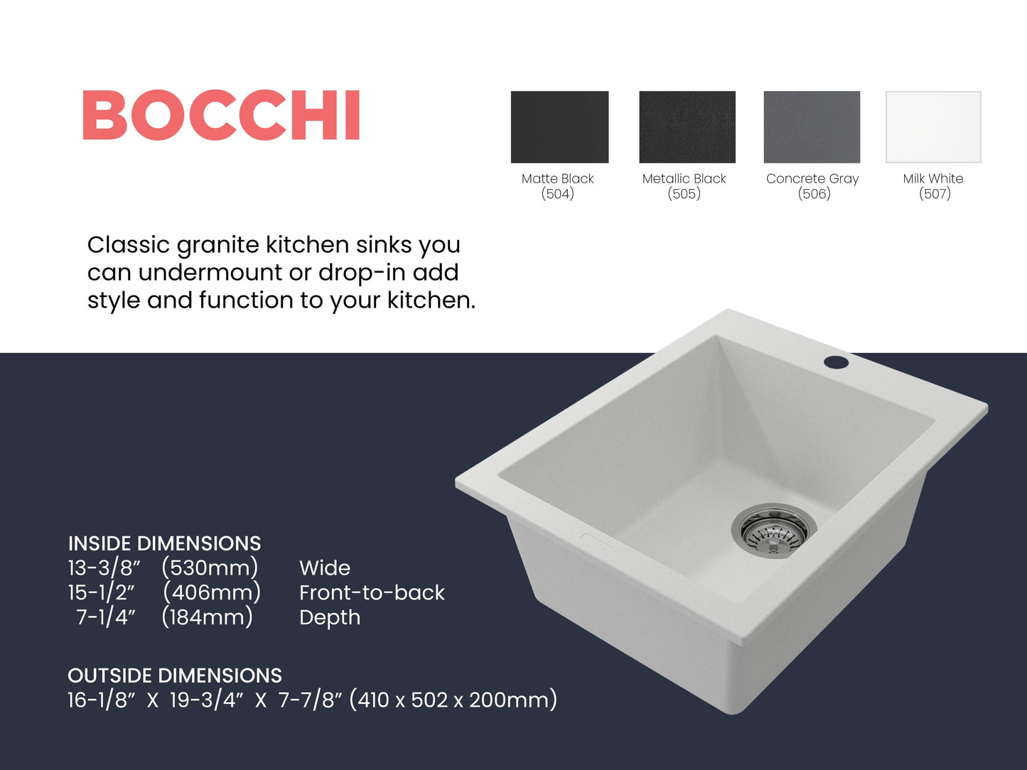 CAMPINO UNO 16" Single Bowl Dual Mount Granite Bar Sink with Strainer in Milk White, front-right view showcasing sleek design.