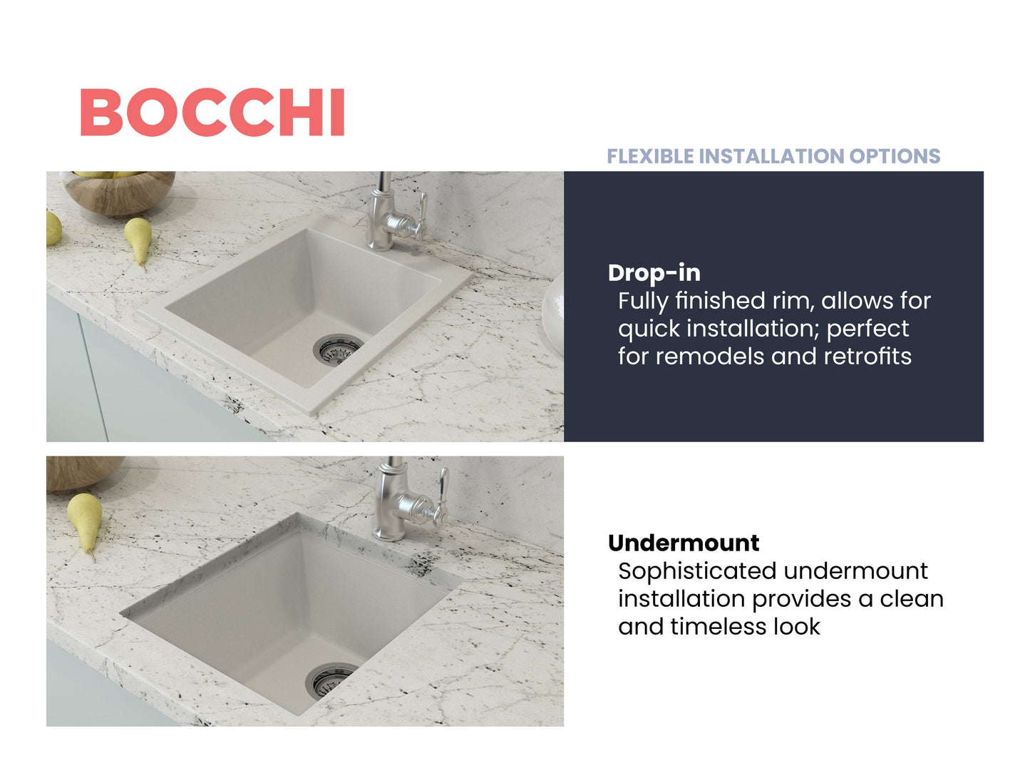 CAMPINO UNO 16" Single Bowl Dual Mount Granite Bar Sink with Strainer in drop-in and undermount installation options.