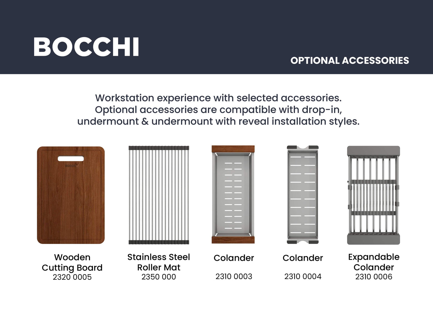 Bocchi optional accessories including wooden cutting board and colanders for efficient workstation use with CAMPINO UNO 16" Single Bowl Dual Mount Granite Bar Sink with Strainer.
