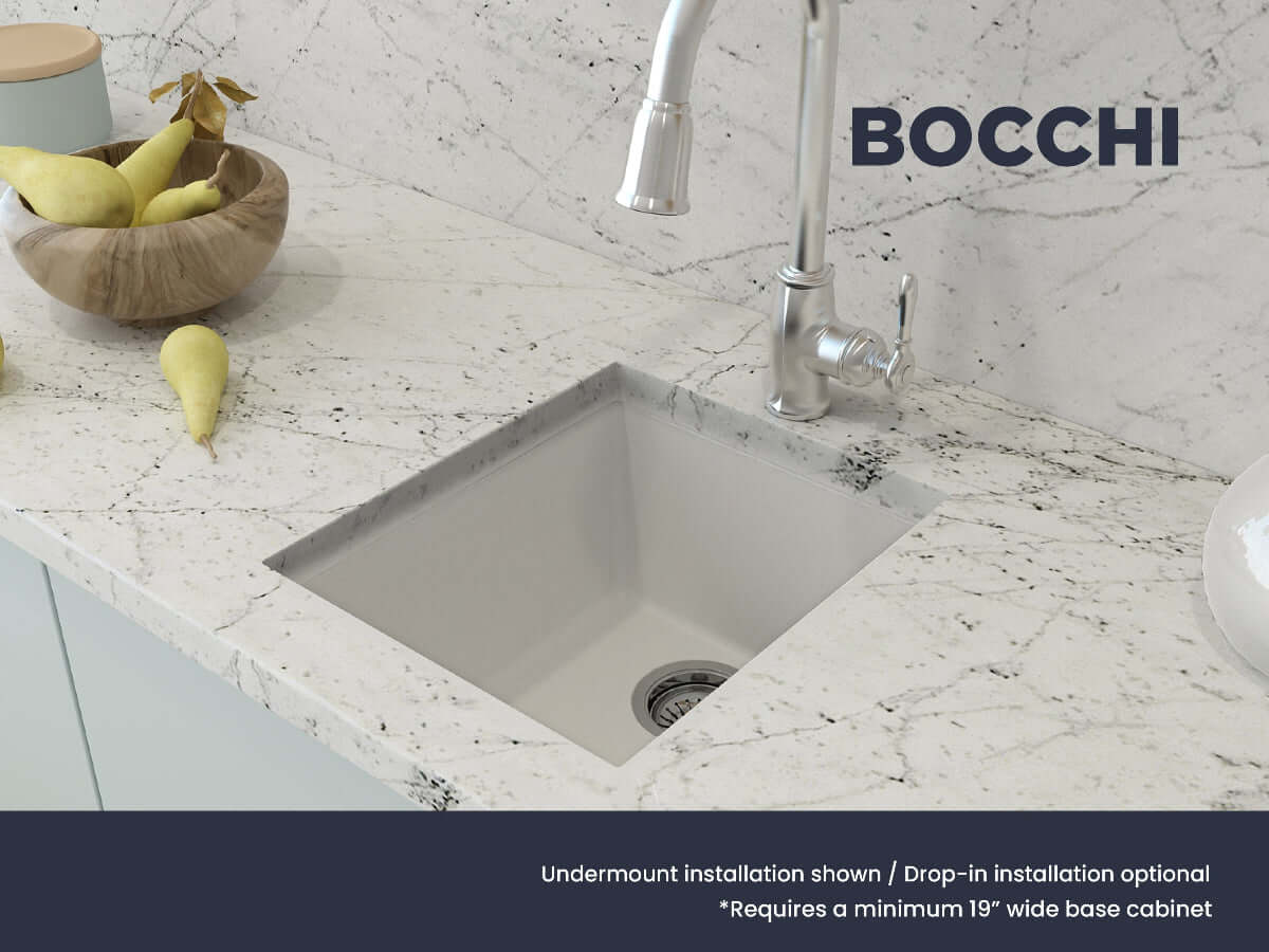 CAMPINO UNO 16" Single Bowl Dual Mount Granite Bar Sink with Strainer, under-mount installation view with marble countertop.