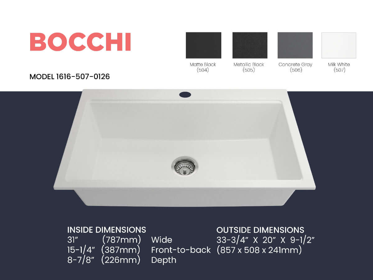 BOCCHI BAVENO LUX 34" Dual-Mount Single Bowl Granite Composite Kitchen Sink with Integrated Workstation and Accessories in Milk White.