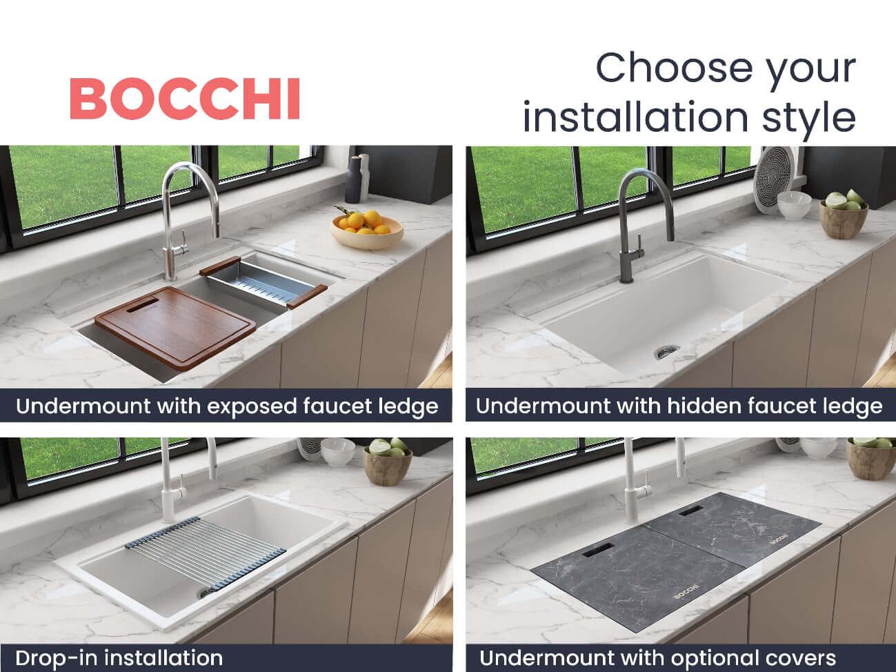 BOCCHI BAVENO LUX 34" Dual-Mount Single Bowl Granite Composite Kitchen Sink with Integrated Workstation and Accessories options