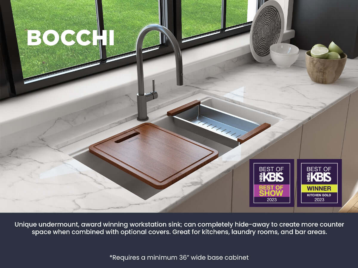 BOCCHI BAVENO LUX 34" Dual-Mount Single Bowl Granite Composite Kitchen Sink with Integrated Workstation and Accessories in light finish with cutting board.