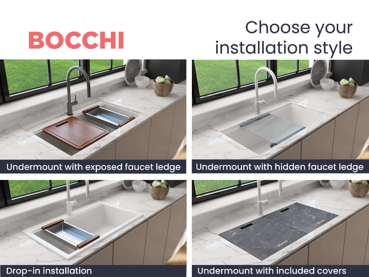 BOCCHI BAVENO LUX 34" Dual-Mount Single Bowl Granite Composite Kitchen Sink with Integrated Workstation and Accessories with Covers - Installation styles shown.
