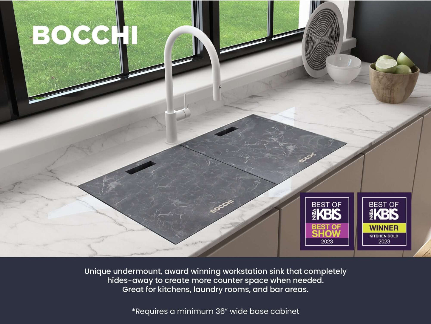 BOCCHI BAVENO LUX 34" Dual-Mount Single Bowl Granite Composite Kitchen Sink with Integrated Workstation and Accessories with Covers, featuring sleek dark cover.