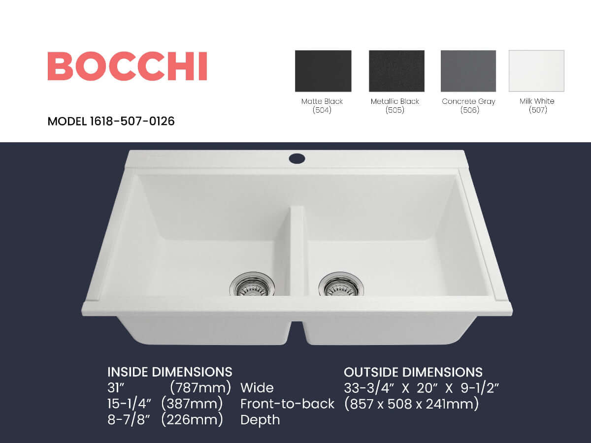 BOCCHI BAVENO LUX 34" Double Bowl Granite Composite Kitchen Sink with Integrated Workstation and Accessories in Milk White finish.