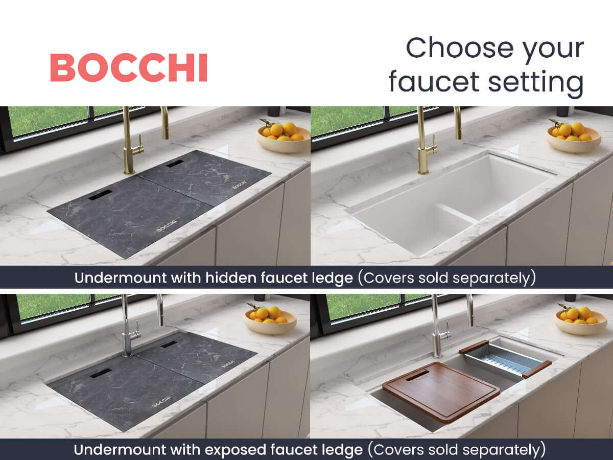 BOCCHI BAVENO LUX 34" Double Bowl Granite Composite Kitchen Sink with Integrated Workstation and Accessories in grey with hidden faucet ledge.