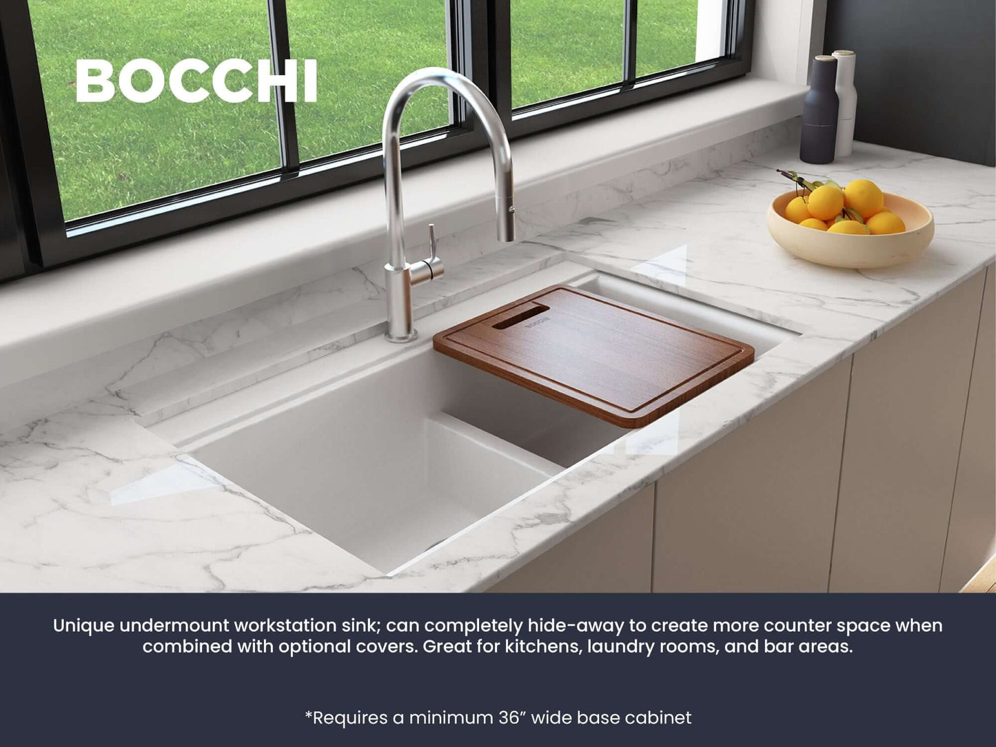 BOCCHI BAVENO LUX 34" Double Bowl Granite Composite Kitchen Sink with Integrated Workstation and Accessories in a modern kitchen setting.