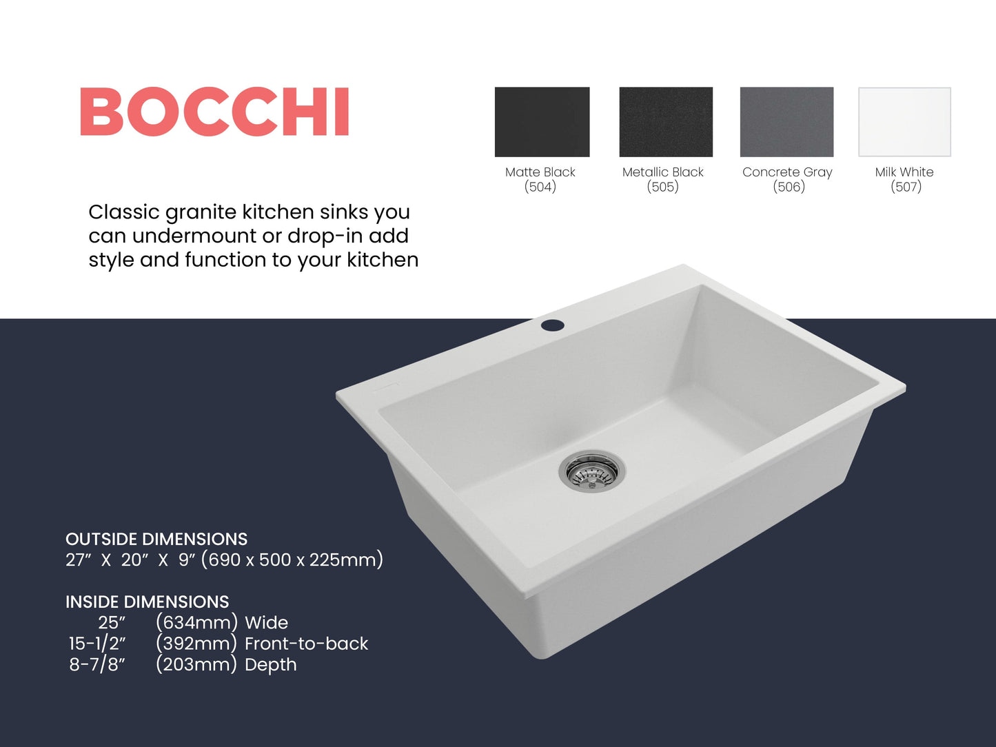 BOCCHI CAMPINO UNO 27" Dual-Mount Single Bowl Granite Composite Kitchen Sink shown with dimensions and color options.