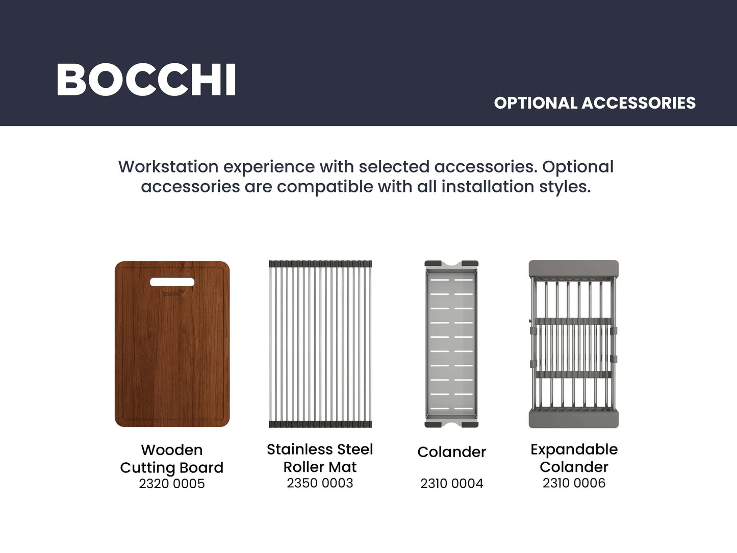 BOCCHI optional accessories including Wooden Cutting Board, Stainless Steel Roller Mat, Colander, and Expandable Colander.