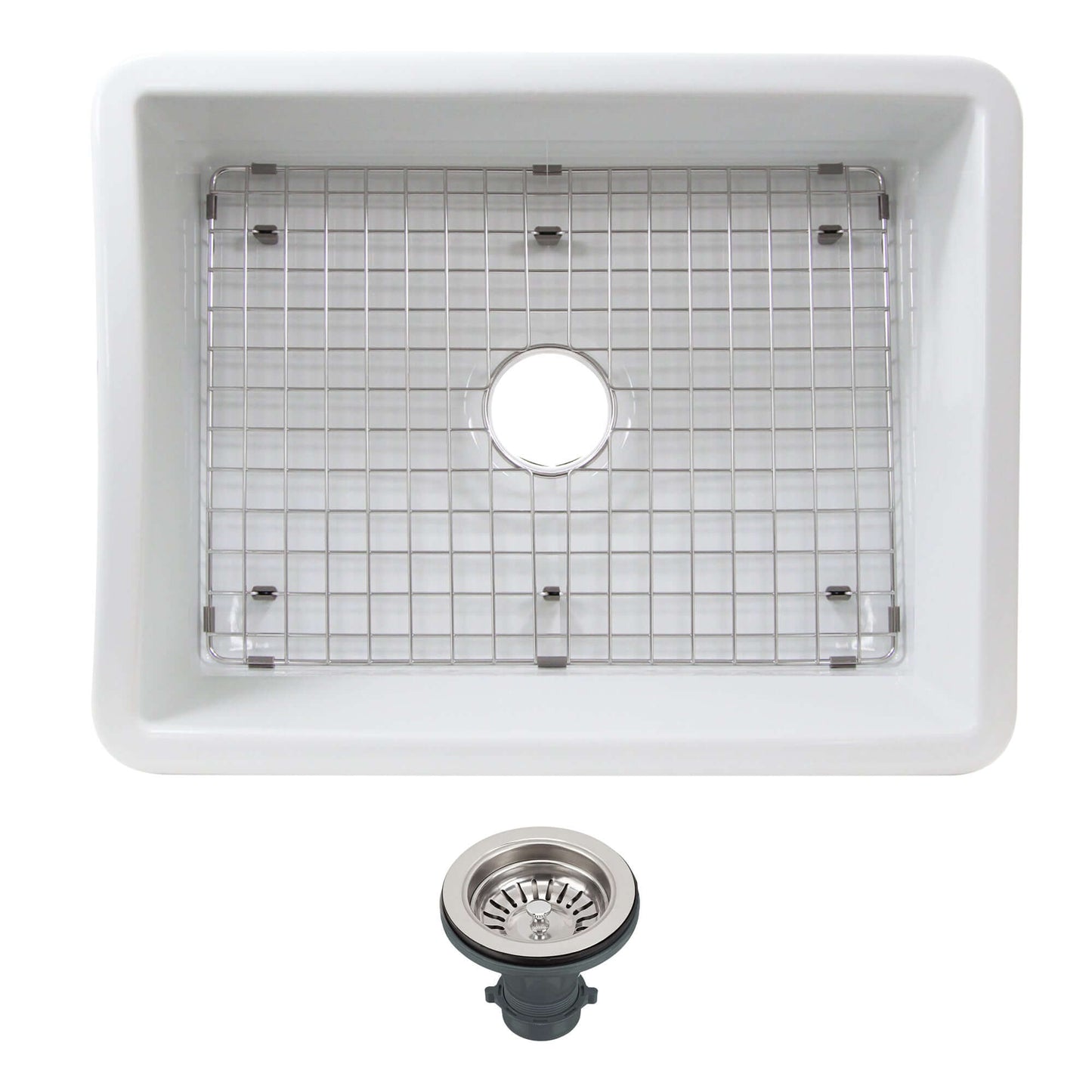 Nantucket 24" Island Collection Fireclay White Single Bowl Dualmount Sink ISFC24W-SB1 top view with stainless grid and drain.