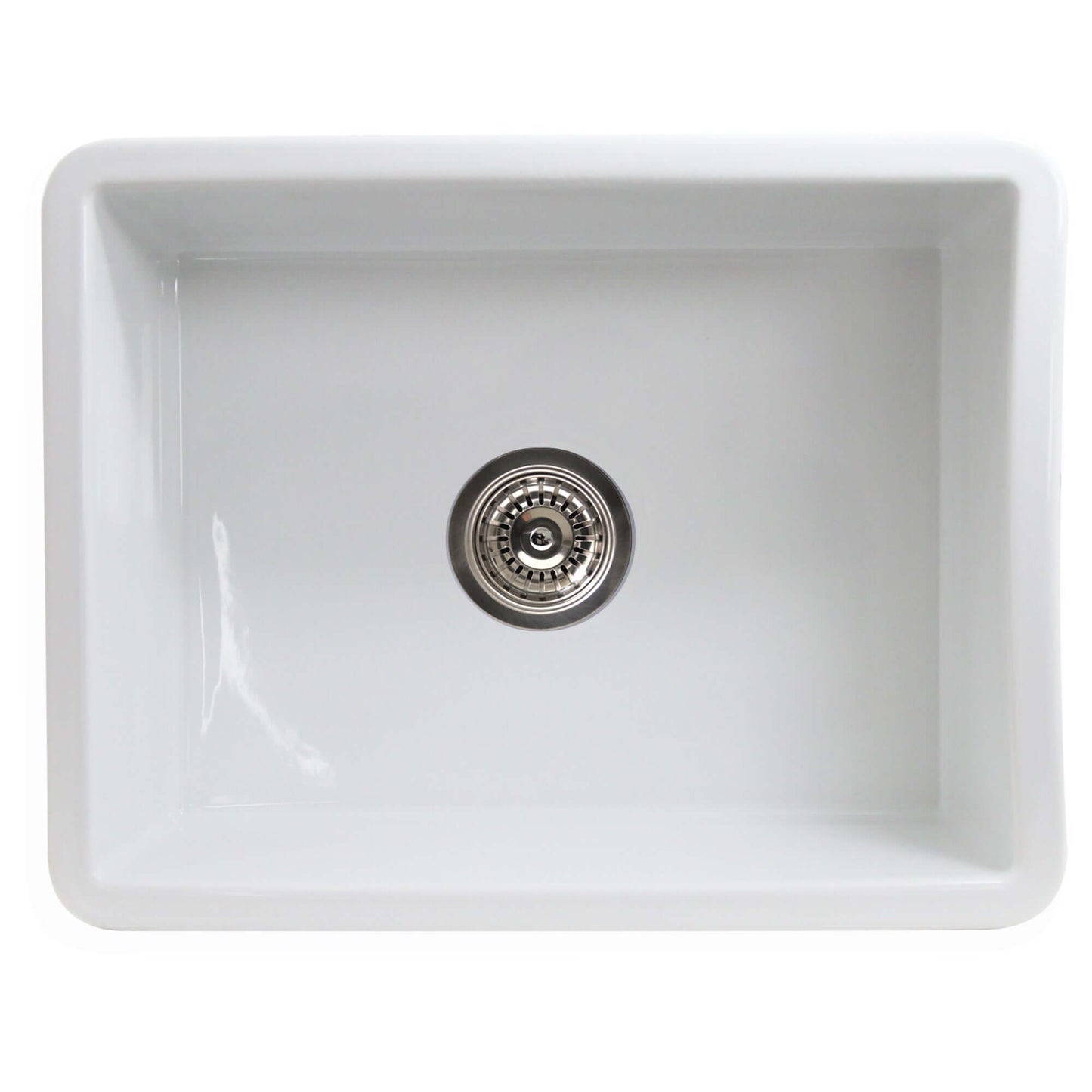 Top view of Nantucket 24" Island Collection Fireclay White Single Bowl Dualmount Sink ISFC24W-SB1 with stainless drain.