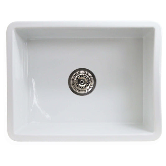 Top view of Nantucket 24" Island Collection Fireclay White Single Bowl Dualmount Sink ISFC24W-SB1 with stainless drain.