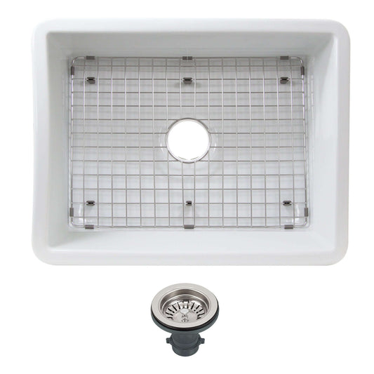 Nantucket 24" Island Collection Fireclay White Single Bowl Dualmount Sink ISFC24W-SB1 top view with stainless grid and drain.