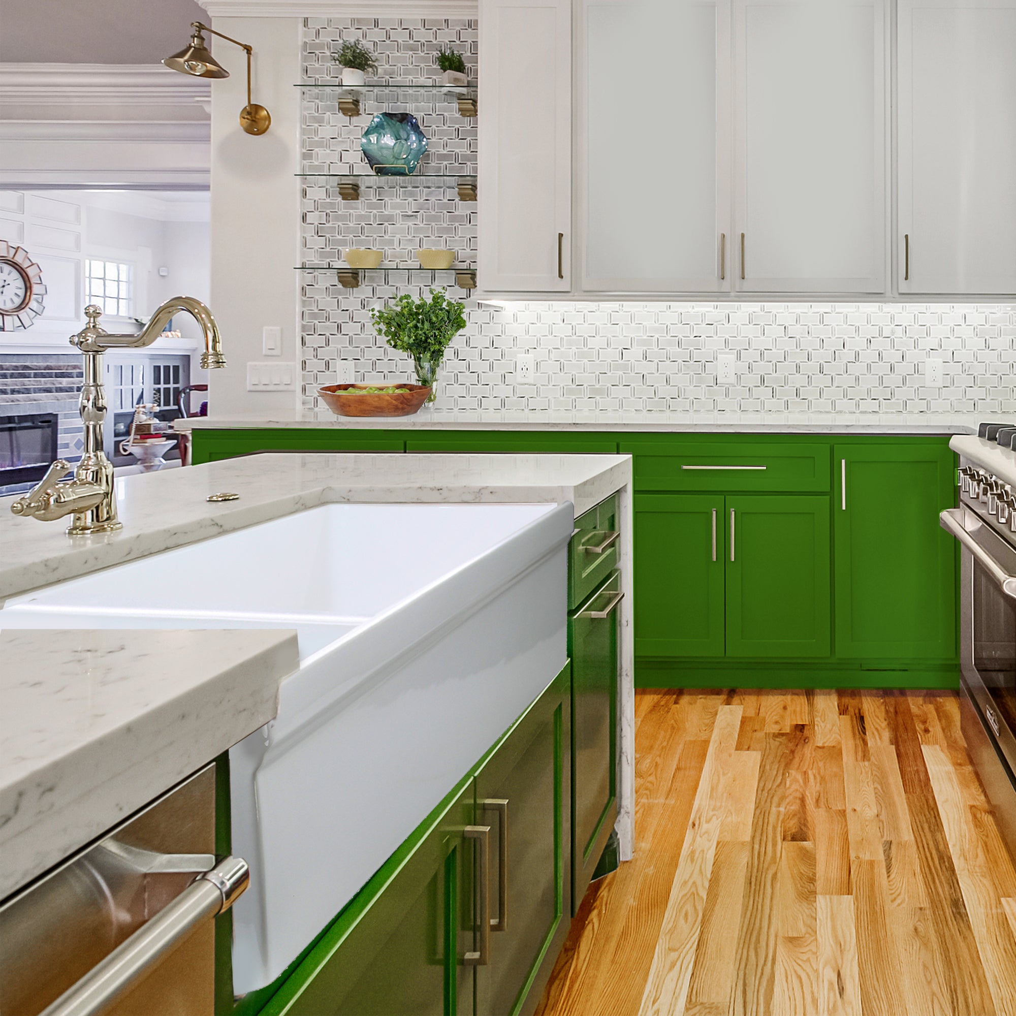 Nantucket ISFCGW35X19DBSO 35-inch Italian fireclay 90/10 double bowl farmhouse sink, installed