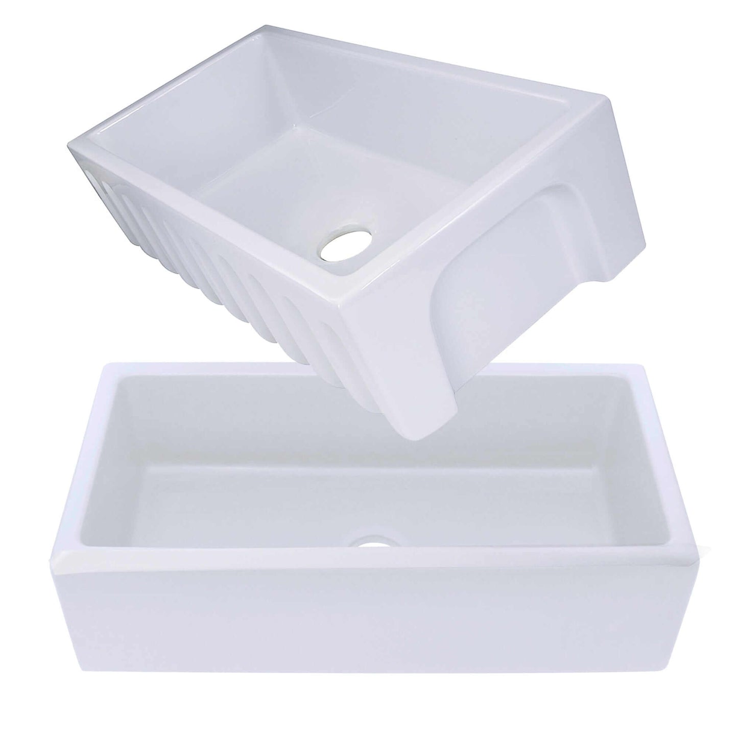 Nantucket 36" Reversible Italian Fireclay Farmhouse Sink - ISFCW36x18SO showcasing fluted and smooth sides.