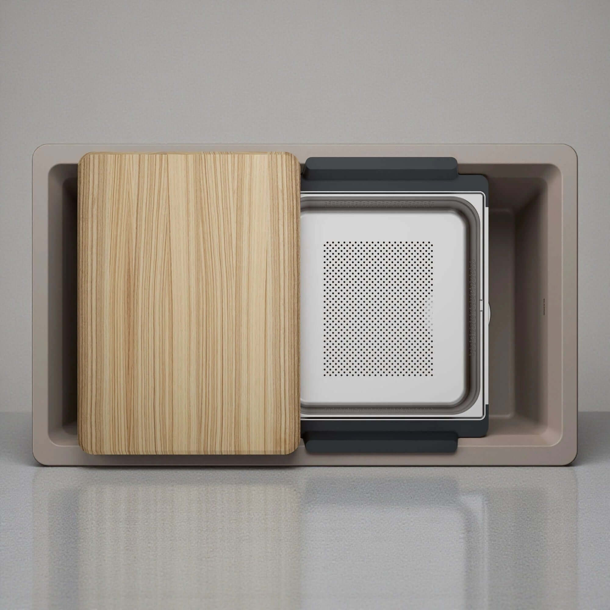 BLANCO Inteos kitchen sink with wooden cutting board and metallic components on a neutral background