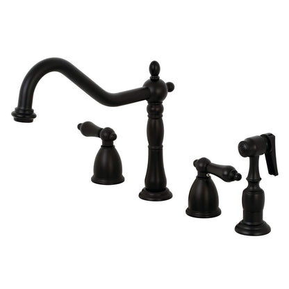 KINGSTON Brass Widespread Kitchen Faucet with Brass Sprayer - KB1790ALBS, right side view showcasing traditional elegance and functionality.