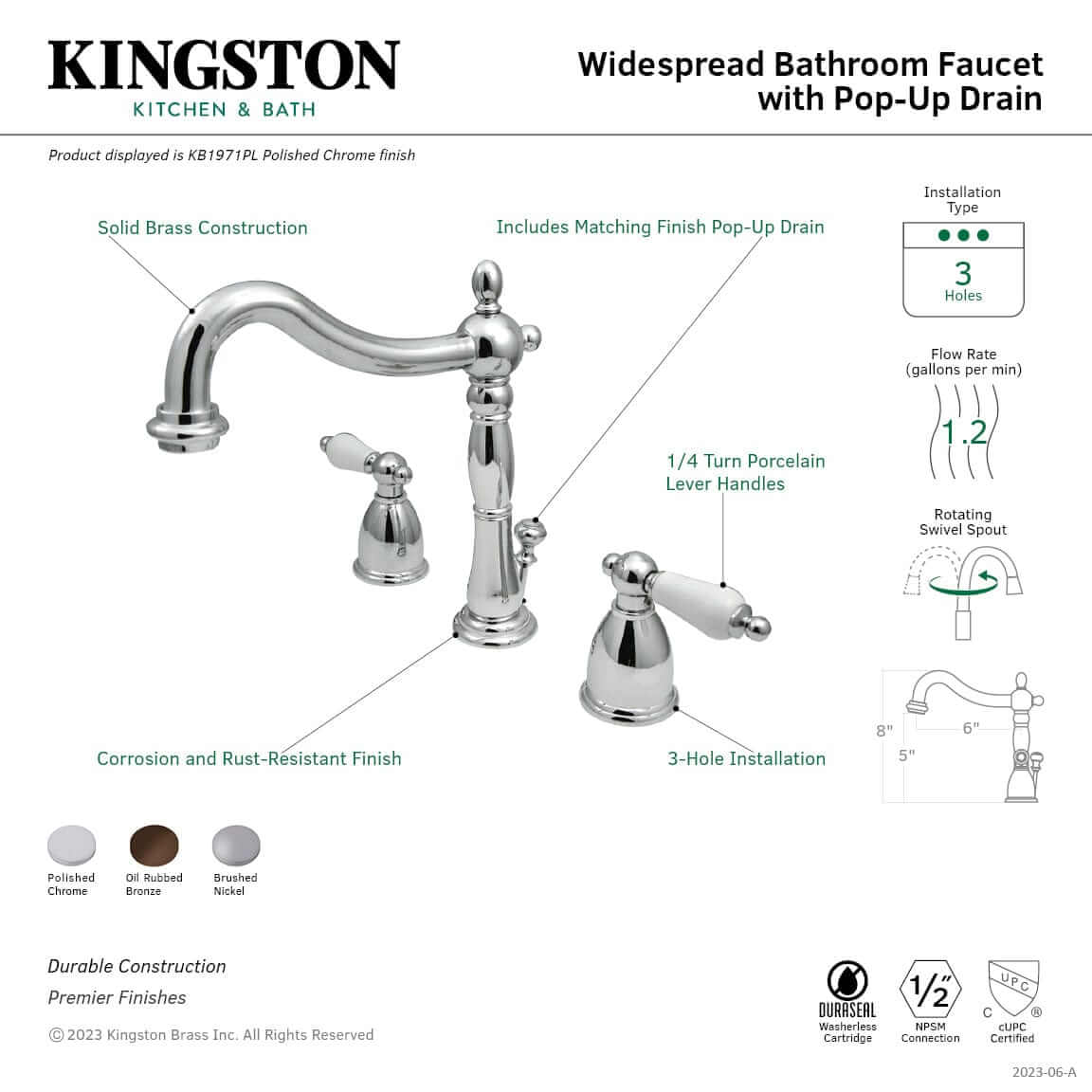 KINGSTON Brass Heritage Widespread Bathroom Faucet with Plastic Pop-Up - Brushed Nickel