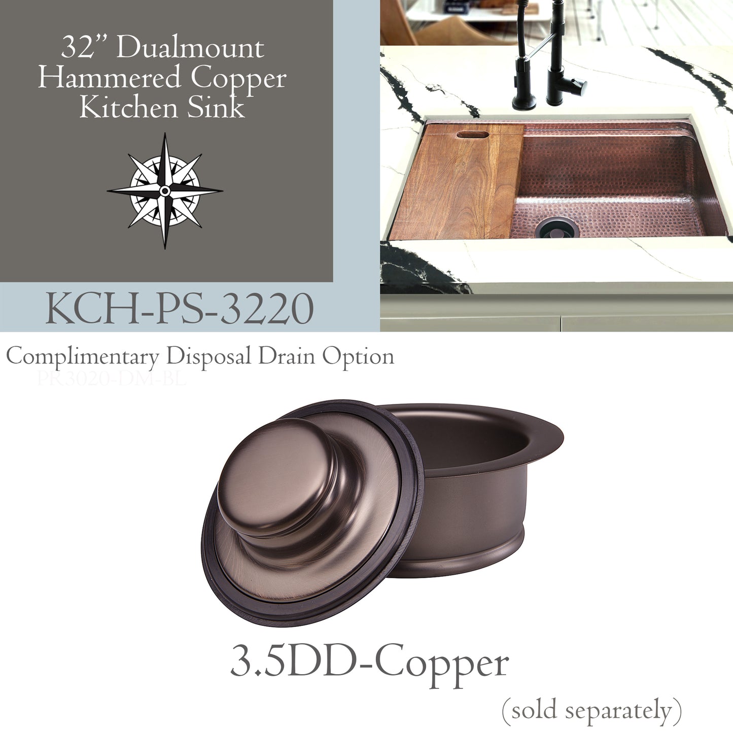 Nantucket 32" Hammered Copper Prepstation Dualmount Kitchen Sink - KCH-PS-3220