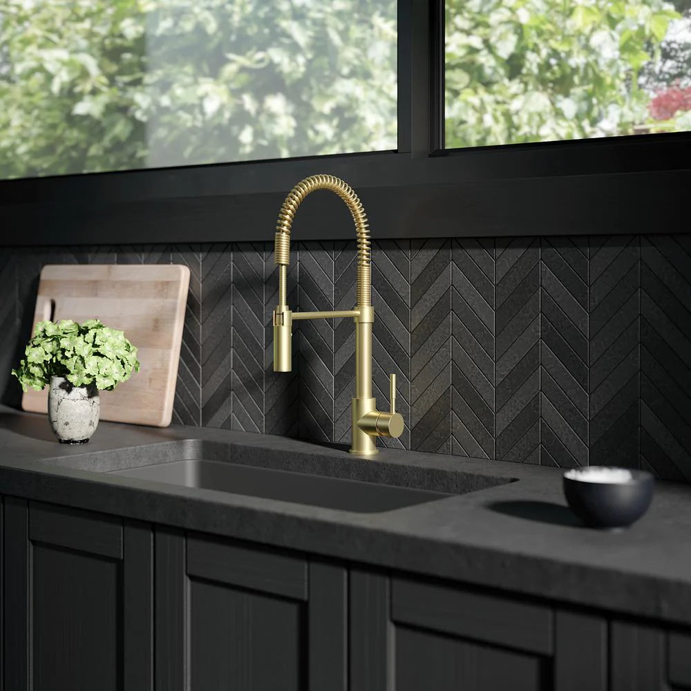 ZLINE Sierra Kitchen Faucet in a modern kitchen with black cabinetry and herringbone backsplash.