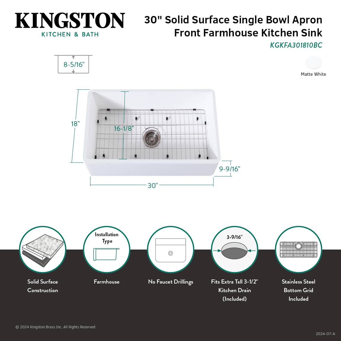 Top view of Kingston Brass 30" Apron Front Single Bowl Farmhouse Kitchen Sink - Solid Surface White Stone with dimensions.