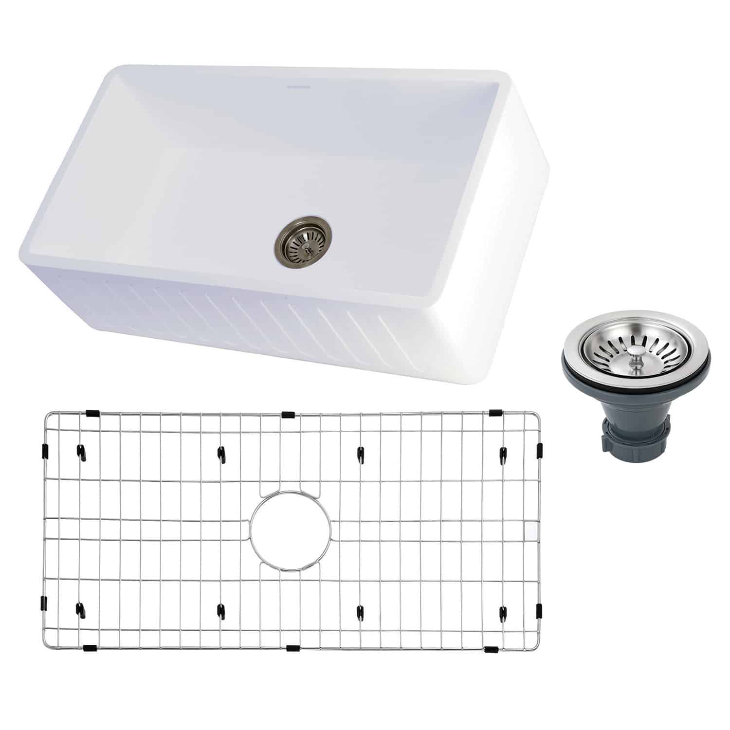 Stainless steel grid and strainer included with Kingston farmhouse kitchen sink