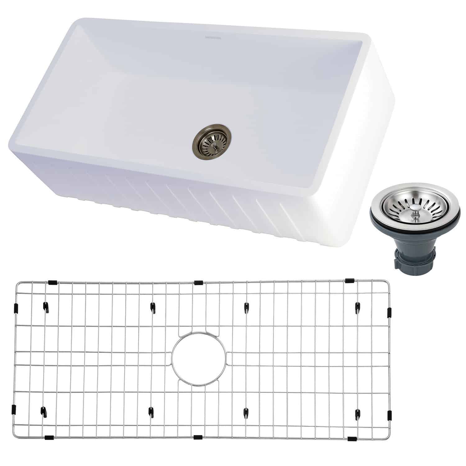 Kingston Brass 36" solid surface farmhouse sink  with included drain and bottom grid on a white background