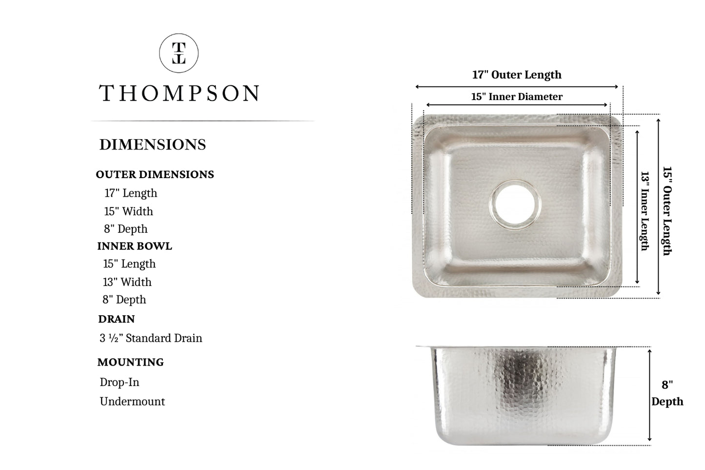 Thompson Rivera hand-hammered nickel bar and prep sink KPU-1715BRN, dimension drawing