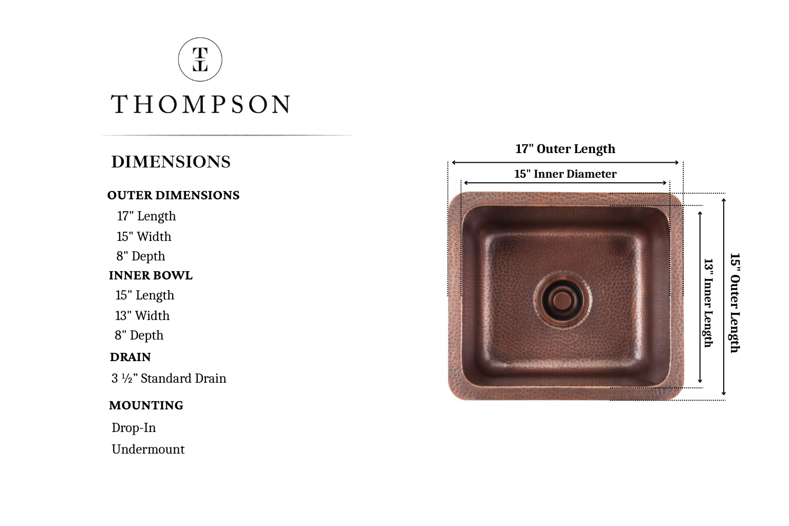 Thompson Rivera hand-hammered antique copper bar and prep sink KPU-1715HA, dimension drawing