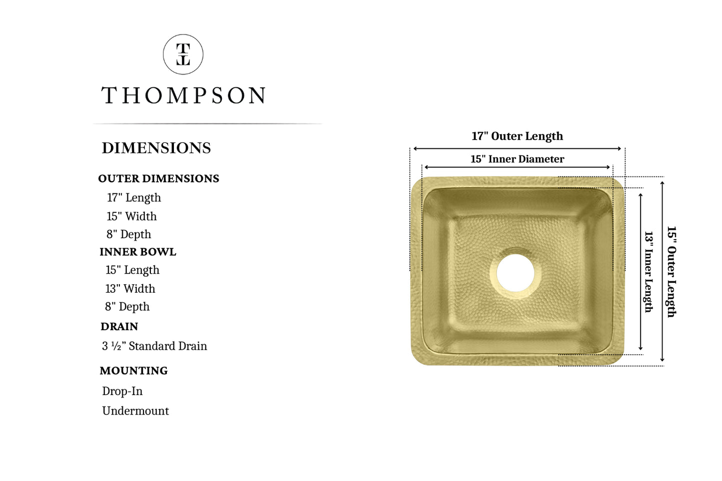 Thompson Rivera hand-hammered semi-satin brass bar and prep sink KPU-1715HPB, dimension drawing