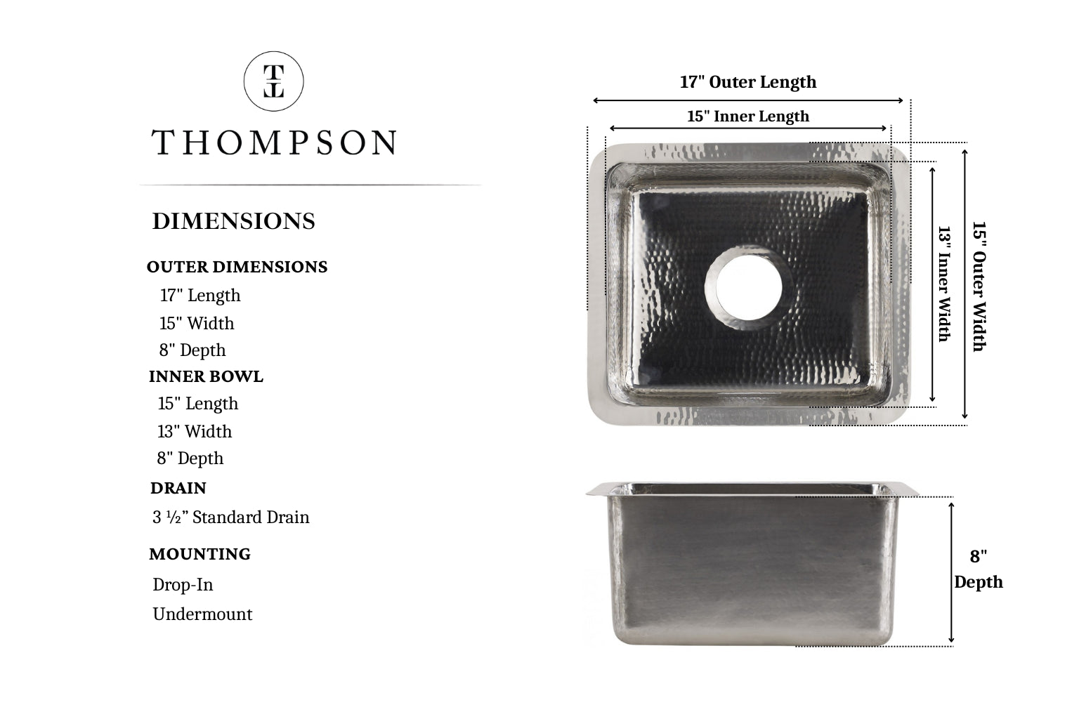 Thompson Rivera hand-hammered stainless steel bar and prep sink KPU-1715HSS, dimension drawing