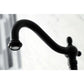 Faucet detail of Kingston Brass double-handle 2-hole wall-mount bridge kitchen faucet in matte black against a white background